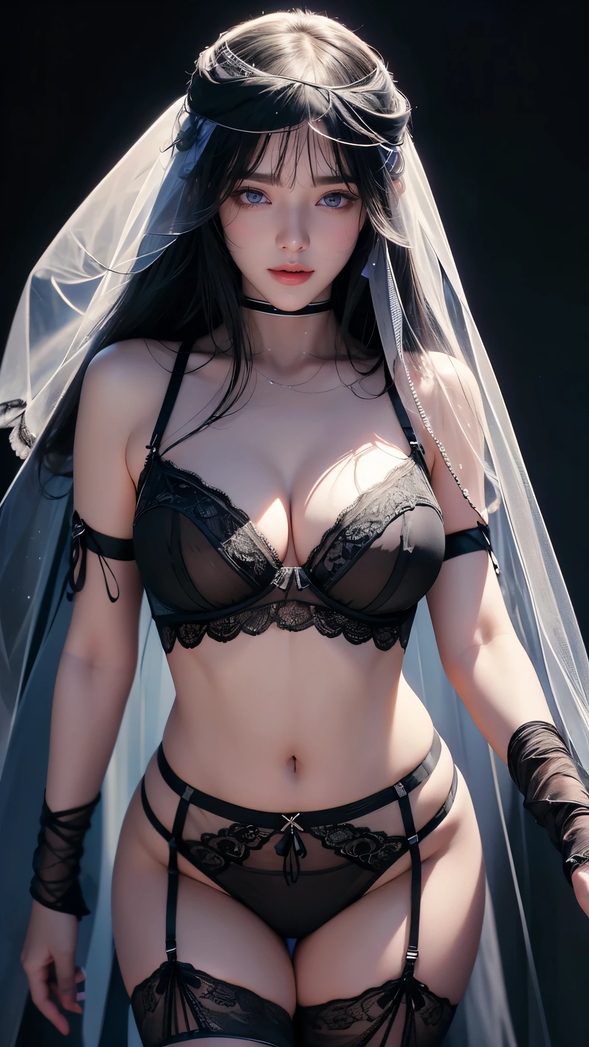 masterpiece, highest quality, Super detailed, Facing the camera, 複雑に詳細なSuper detailed, Realistic, Sharp features, Very detailed, Sharp focus, Perfect Face, Perfect symmetrical perfect eyes, Perfect Plump Lips, Flexible female form, Cinematic, Film Light, Super detailed, hyper Realistic, masterpiece, Atmospheric, High resolution, Vibrant, Dynamic Studio Lighting, ((Dark Background)), The expression when enduring pleasure, Straight bangs, blue eyes,Sexually aroused expression、(((She is wearing revealing black lingerie and a long transparent veil.)))、Front zipper