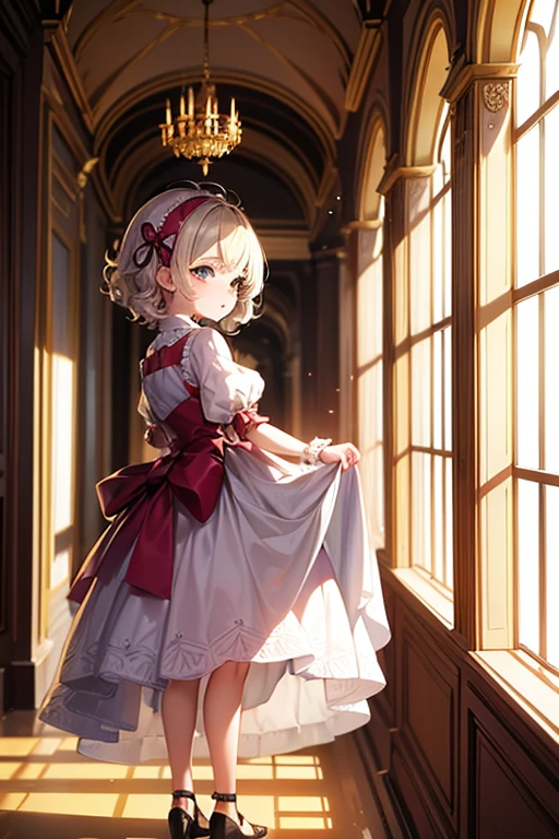 {}, regal, palace hallway, window, girl, small, short curly hair, fair skin, cute, fancy cute dress, royal.