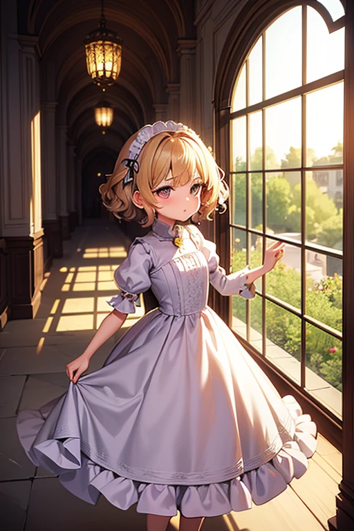 {}, regal, palace hallway, window, girl, small, short curly hair, fair skin, cute, fancy cute dress, royal.
