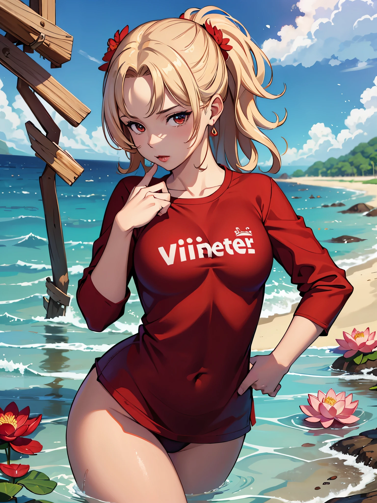 Samia, girl, solo, shirt, looking at you, face, perfect, flowers, high quality, radiant, knight, godly, red shirt, red velvet, water, ocean, lotus, renatadaninsky