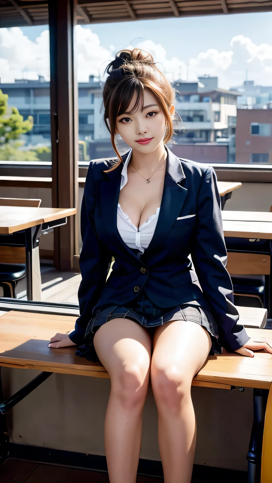 highest quality, masterpiece, High definition, 16K quality, beautiful , Black short hair, Beautiful eyes, A very cute Japanese high school girl who looks like an idol, White panties showing through , Japanese high school uniforms with very short skirts, Plump and large breasts, Her cleavage is about to burst from her uniform., Thin legs, Slim body, Sitting with legs apart in a bright classroom, Blushing, She is looking at the camera, A smiling, enchanting expression, beautiful clouds in madder color,