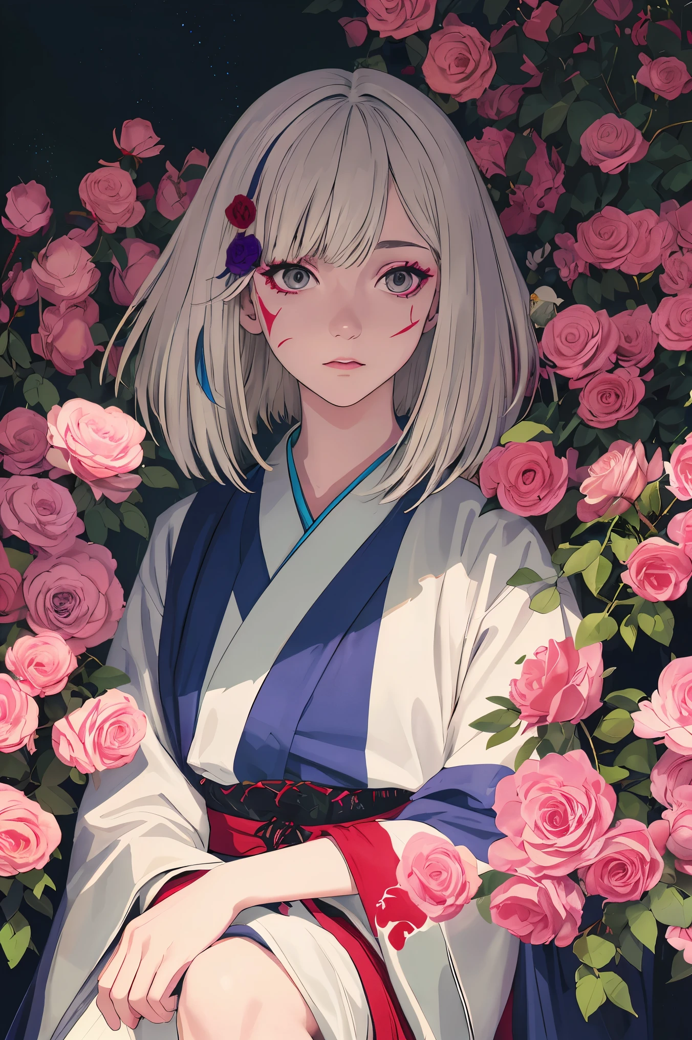 taktopdestiny, destiny, short hair, hair ornament, flower, white hair, red hair, multicolored hair, hair flower, rose, colored skin, facial mark, red flower, red rose, thorns,  masterpiece, best quality, ultra-detailed, illustration, 1girl, solo, highres, photorealistic, ultra high res, (Original illustration composition), (fusion of limited color,Maximalism artstyle, kimono fashion