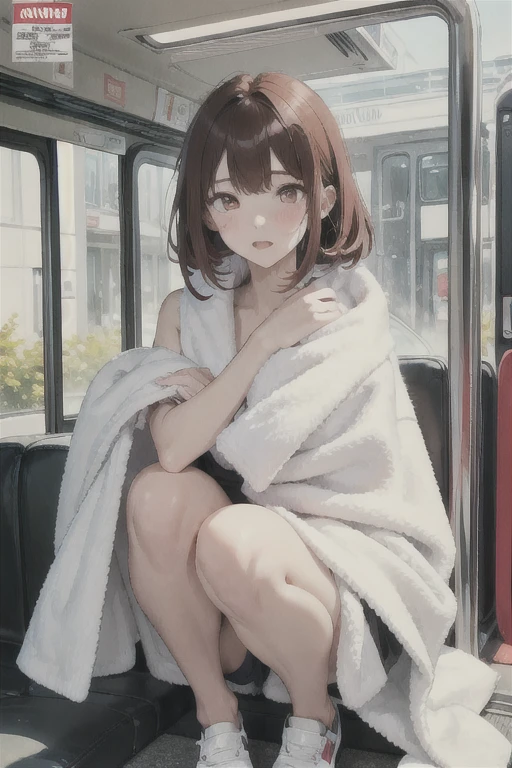 1 girl, Redhead, Facial hair stripes, Red eyes, Impact, RAW Photos, 8k, masterpiece,Wet、bus 、Cover yourself with a large towel、