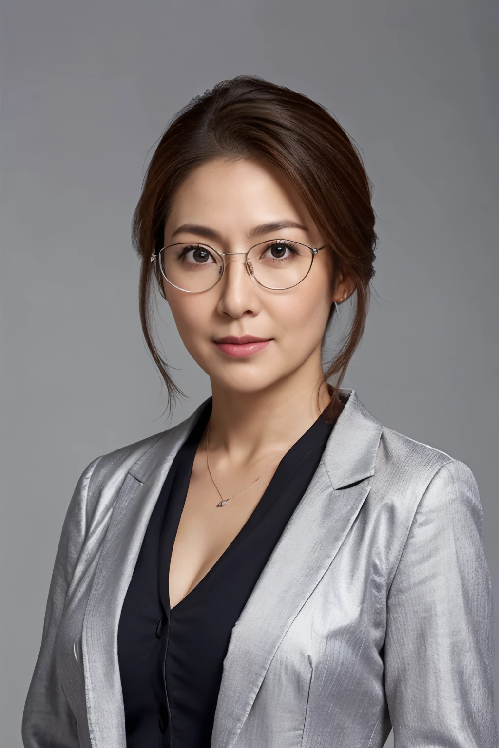 High resolution, high resolution, High detail, masterpiece, Rough skin, Anatomically correct, sharp, Gray background, (Japanese mature solo), Age 35, (Facial wrinkles), Shapely large breasts, Straight light brown hair that reaches the shoulders, Chubby body type, (Stand upright), Center of screen, facing forward, Close your mouth and look ahead with a serious face, Summer business wear, Jacket, Cleavage, (Cowboy Shot), (Silver-rimmed glasses)