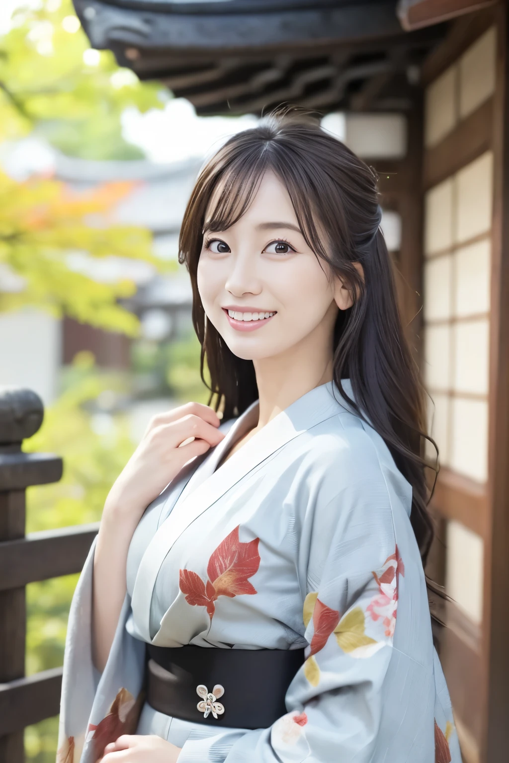 (Super beautiful woman in kimono)、((best qualtiy、8k masterpieces:1.3))、sharp focus:1.2、(ultra beautiful faces:1.0)、(shinny skin:1.0)、photos realistic、A dark-haired、Video Lighting、High-definition eyes and face、Video Lighting、Japanese actressl、from the front side、medium breasts、With a happy smile、((wearing kimono and obi))、Under the autumn leaves、,(( in Japanese temple))