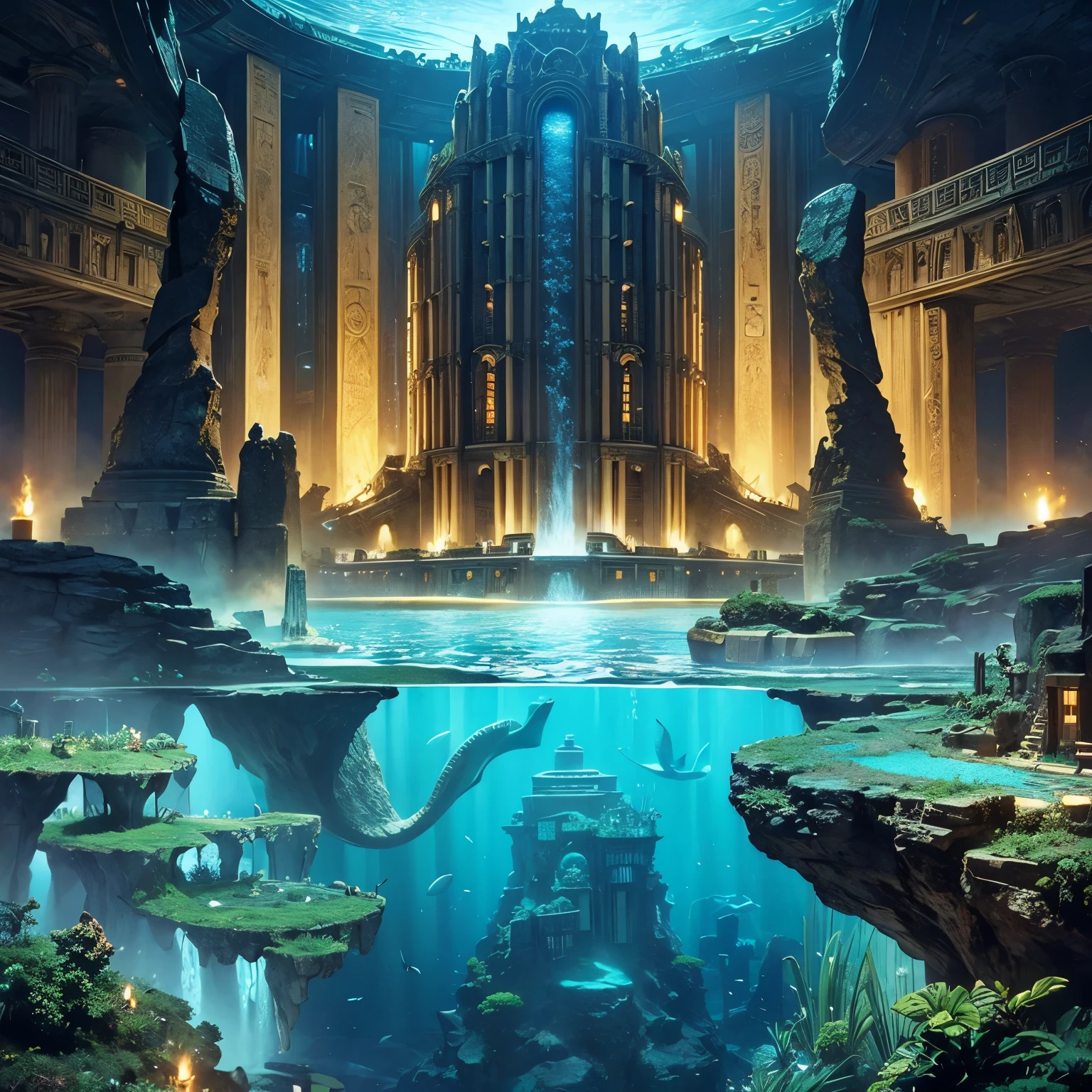 A lost city in the deep sea,The legendary Atlantis,Undersea civilization,huge,Ancient and advanced,Prosperous and mysterious