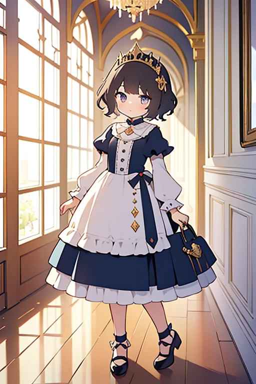 {}, regal, palace hallway, window, girl, small, short curly hair, fair skin, cute, fancy cute dress, royal.