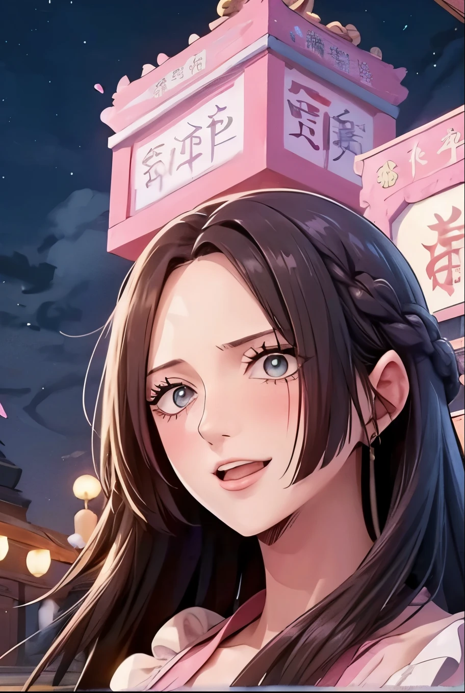 Masterpiece, best, night, full moon, 1 female, mature woman, Chinese style, ancient China, elder sister, royal sister, smile, dark brown hair, dark hair, princess cut, braid, curly hair, double ball head, pale pink Lips, calm, intellectual, medium hair, green pupils, hairpin, hydrangea, delicate face, face close-up, hand close-up