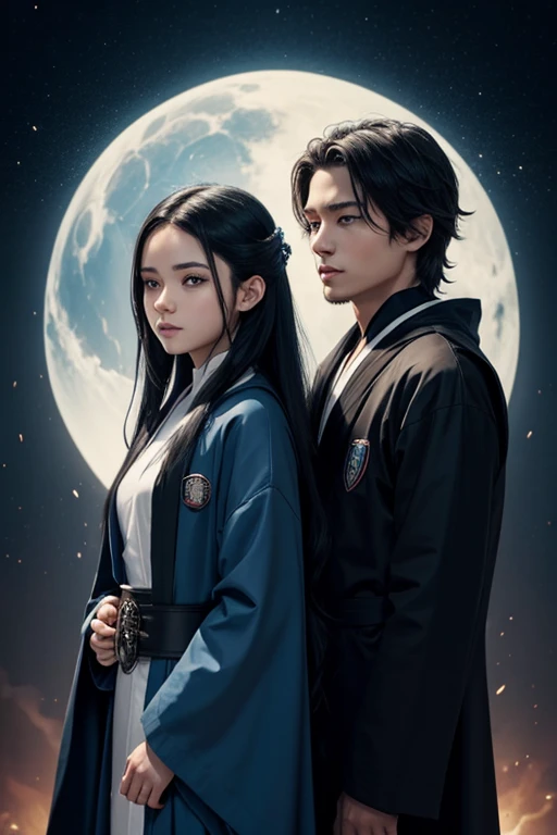 Girl and the boy stand with their backs to each other. A necromancer girl, she has long black hair and blue eyes; she is beautiful, she is about 19 years old; She is dressed in the robes of an adept. The man is an airbender; he has long white hair and blue eyes; He is dressed in the robes of an academy teacher or in a long jacket with some kind of emblem. In the background, there may be a picture of the academy and a light magic mist, from which skulls appear. 

