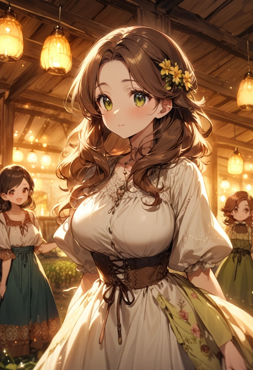 Luma is an elegant person, she is beautiful and has a strong posture, she has voluminous breasts, feminine pear silhouette, Brown hair, long Brown hair, She has expressive eyes, ( Only eyes are olive green) She has fair skin, and light freckles on the cheekbones., busty, farm, Brown rustic clothes, boho clothes, fashionable farmhouse boho clothes, romantic atmosphere, fire lights, The fire sparkles, flowers clothes hair half straight, half curled ends cartoon