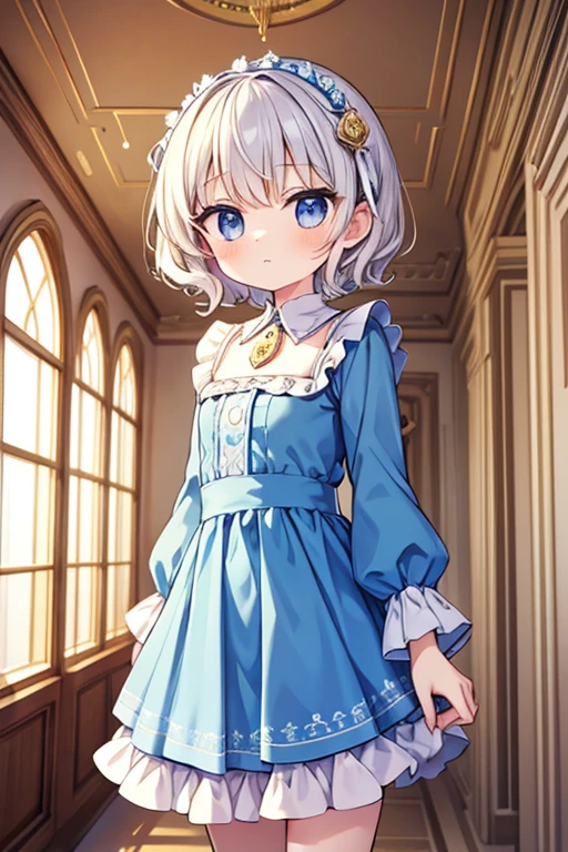 {}, regal, palace hallway, window, girl, small, short curly hair, fair skin, cute, fancy cute dress, royal.