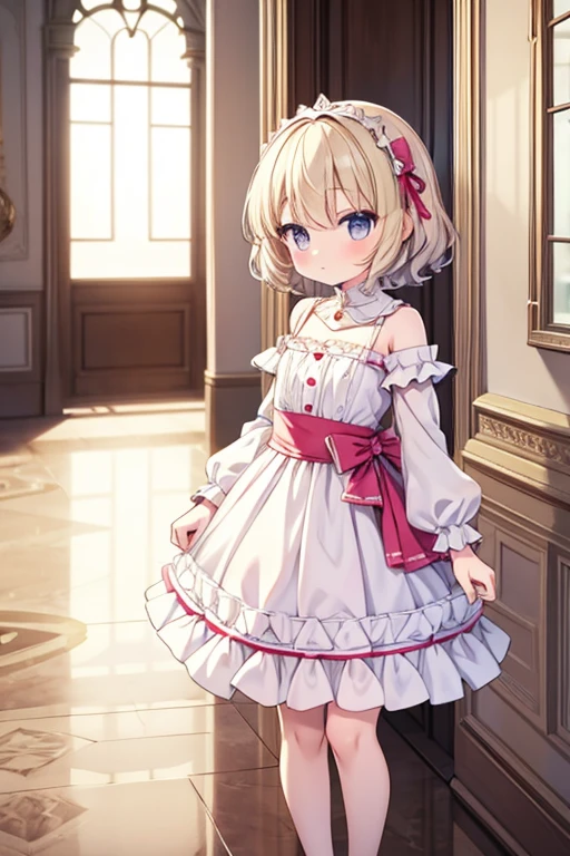 {loli}, regal, palace hallway, window, girl, small, short curly hair, fair skin, cute, fancy cute dress, royal.