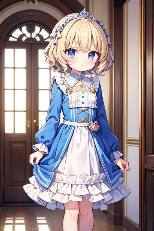 {loli}, regal, palace hallway, window, girl, small, short curly hair, fair skin, cute, fancy cute dress, royal.
