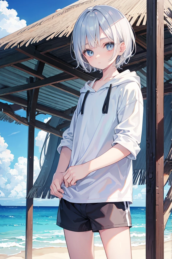 Silver Hair short hair Big Eyes Dark Eyes man Beautiful boy Baby Face shorts swimwear blue sea White sand beach Light of the sun