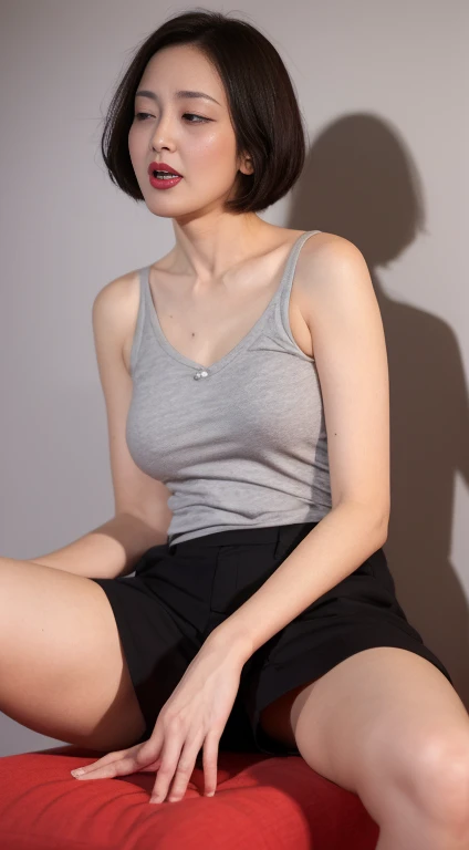 ((Browsing Caution:1.7、Realistic))、One Girl, (Light brown medium hair), ((Full nudity)), Look at the viewers, Young Face、Naughty look, (( Spread your legs、Spread your legs、Mainly crotch、After creampie、)),Big ample breasts,Show your chest、short hair、((After creampie))、Backwards、Looking from below、pubic hair、pubic hair、Gray background、During sex、Inserted、Yawning、Scream、Glaring、Red lipstick、Purple Eyeshadow、