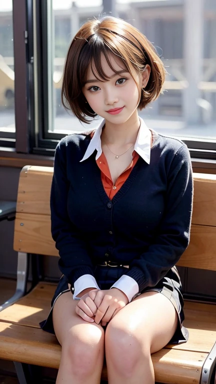 highest quality, masterpiece, High definition, 16K quality, beautiful , Black short hair, beautiful目, A very cute Japanese high school girl who looks like an idol, White panties showing through , Japanese high  with a very short checkered skirt, Plump and large breasts, Her cleavage is about to burst from her uniform., Thin legs, Slim body, Sitting with legs apart in a bright classroom, Blushing, She is looking at the camera, A smiling, enchanting expression, beautiful clouds in madder color,