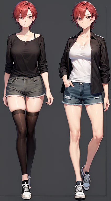 (Character Sheet), (whole body, Reference Sheet), Vtuber reference pose, Character A Pose, ( 1 girl ), Redhead, Cool women, short hair, Tomboy, Mature Woman, Expressive eyes, relax, (Perfect female proportions), Open shirt, (Oversized shirt), Loose fitting T-shirt, (Very large breasts)+, Shorts Bottoms, (hot pants), Long legs, Thin legs, Slim Hips, wear converse shoes, Tomboy, Milfication, Mature Woman, Simple poses, for Reference Sheet, Warm Tones, Casual clothing, masterpiece, highest quality