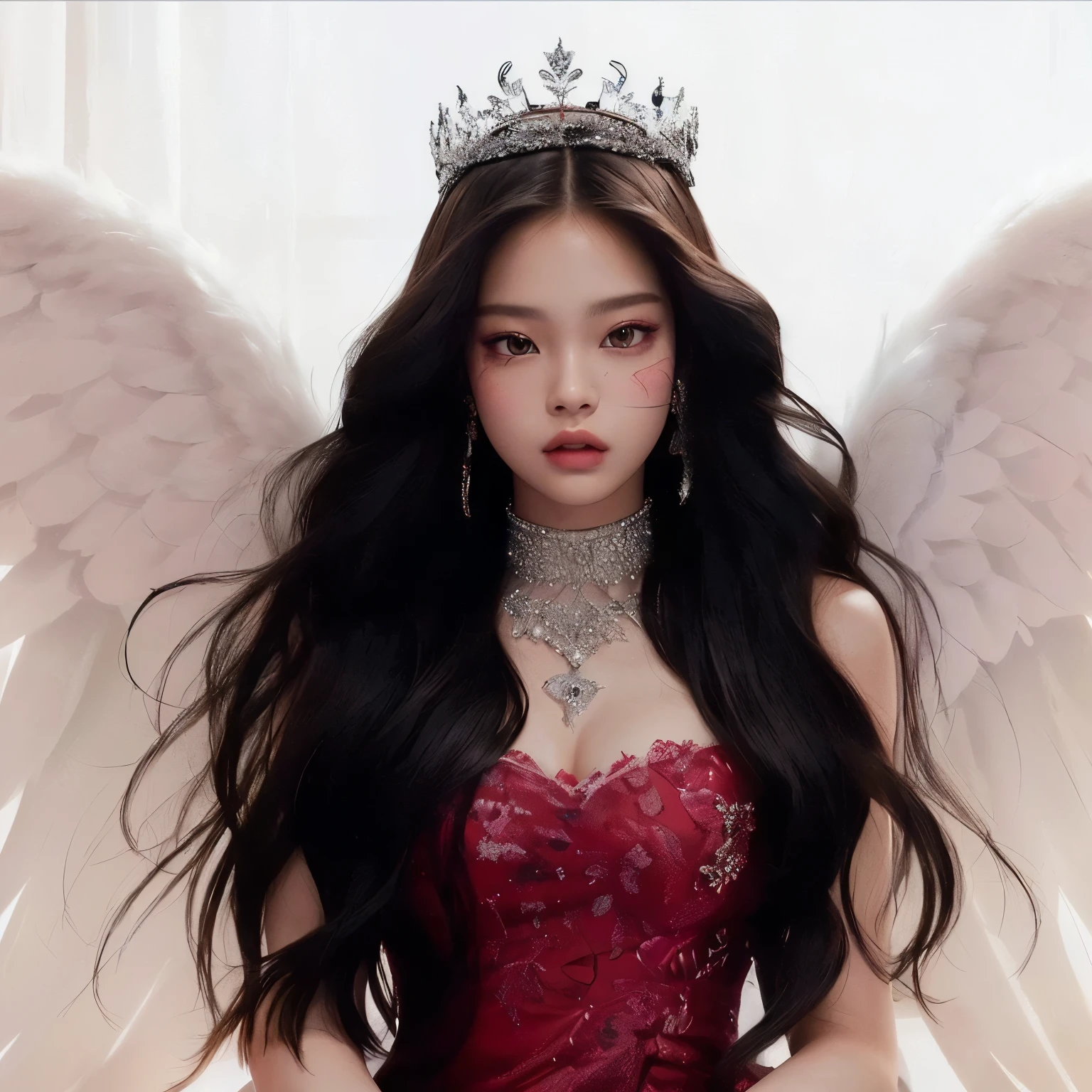 a close up of a woman wearing a tiable and a red dress, blackpink jennie, young wan angel, jossi of blackpink, with beautiful wings, portrait of jossi of blackpink, with large wings, villainess has black angel wings, lovely queen, of beautiful angel, with real wings, beautiful angel, beautiful queen, a beautiful fantasy empress, with wings, Cara de Jennie de BlackPink, Rostro de Jennie de BlackPink