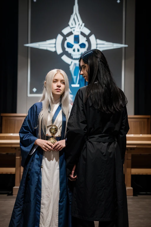 Girl and the boy stand with their backs to each other. A necromancer girl, she has long black hair and blue eyes; she is beautiful, she is about 19 years old; She is dressed in the robes of an adept. The man is an airbender; he has long white hair and blue eyes; He is dressed in the robes of an academy teacher or in a long jacket with some kind of emblem. In the background, there may be a picture of the academy and a light magic mist, from which skulls appear.