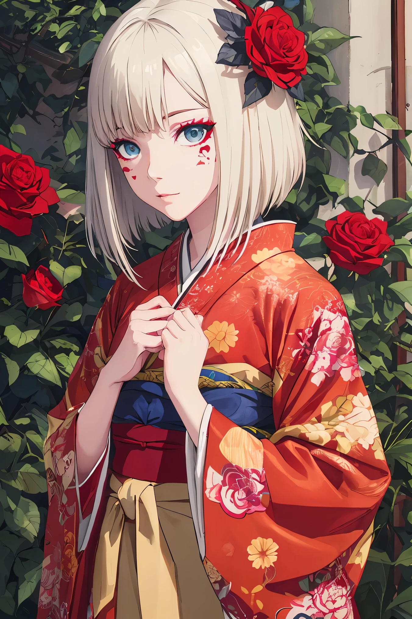 taktopdestiny, destiny, short hair, hair ornament, flower, white hair, red hair, multicolored hair, hair flower, rose, colored skin, facial mark, red flower, red rose, thorns,  masterpiece, best quality, ultra-detailed, illustration, 1girl, solo, highres, photorealistic, ultra high res, (Original illustration composition), (fusion of limited color,Maximalism artstyle, kimono fashion