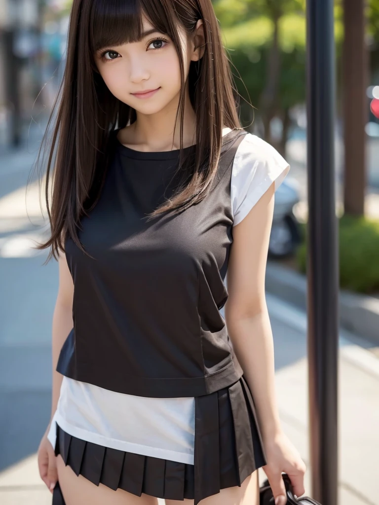 (8k, RAW Photos, highest quality, masterpiece:1.2), (Realistic, photo-Realistic:1.4), (Highly detailed 8k wallpaper), ((Full Body Shot)), (1 girl), Sharp focus, Depth of written boundary, Cinematic lighting, Soft Light, 緻密な美しさのeye, eye_Chan, Very beautiful girl, innocent big eyes, Realistic, photo Realistic, Highly detailed cute girl, (Thin thighs), (Model Body Type), 18-year-old, (Casual short sleeve t-shirt), (Black leather micro mini pleated skirt), (((Fold your arms in front of your chest and act arrogantly))), ((A happy smile)), Parted lips, Watching the audience, (On the streets of Tokyo) , (Brown Hair),(Long Bob Hair), (Asymmetrical bangs)