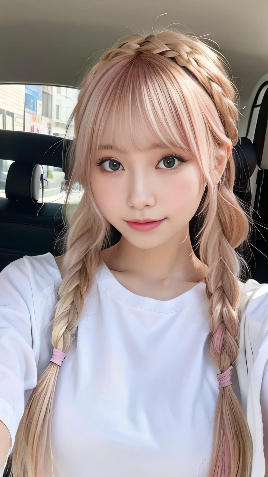 Pale, tanned skin、Sunburn marks on tanned skin、Multicolored Hair、Pink Hair,blonde,Platinum Hair,Brown Hair、A cute 20-year-old girl with a cute look, A strong wind blows my hair in front of my face、beautiful long blonde braided hair、beautiful, Cute eyes hidden by long bangs、Yawn、Double teeth、No visible nasolabial folds、