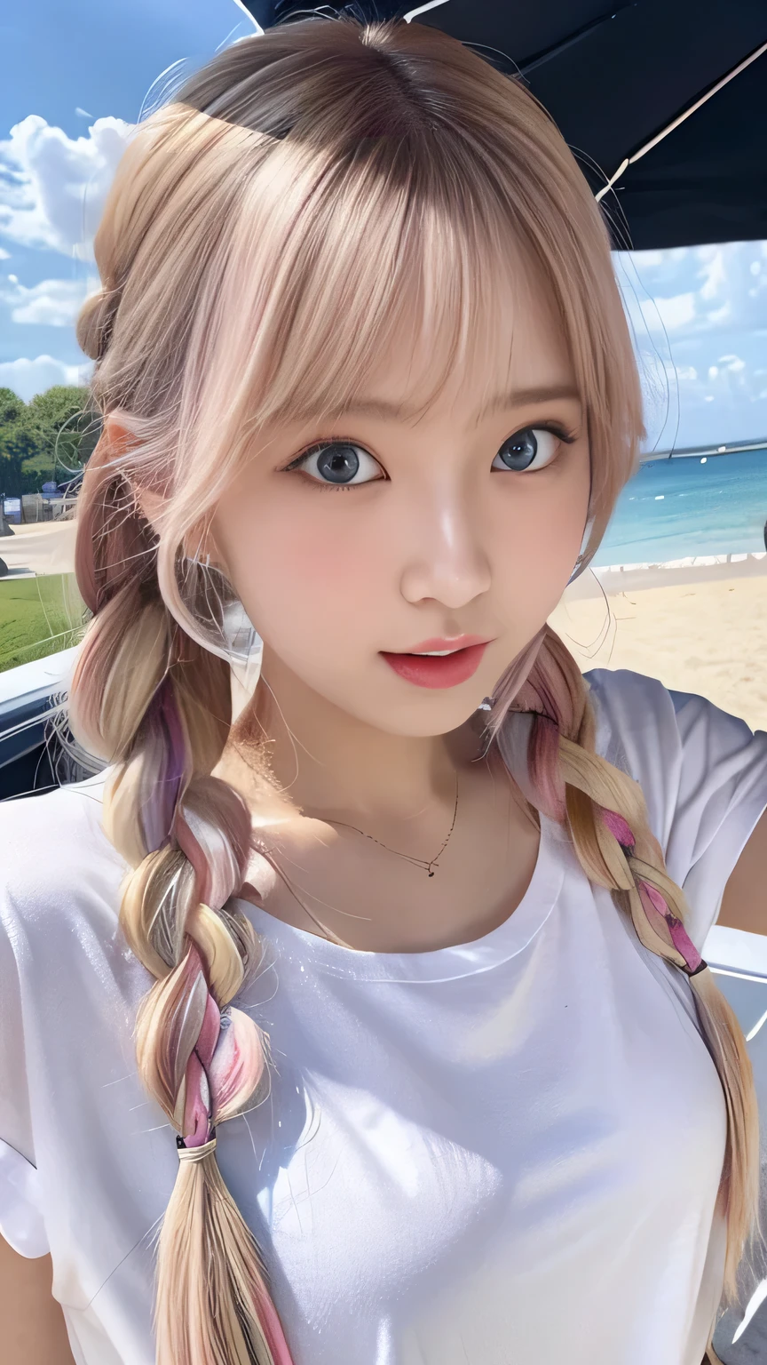 Pale, tanned skin、Sunburn marks on tanned skin、Multicolored Hair、Pink Hair,blonde,Platinum Hair,Brown Hair、A cute 20-year-old girl with a cute look, A strong wind blows my hair in front of my face、beautiful long blonde braided hair、beautiful, Cute eyes hidden by long bangs、Yawn、Double teeth、No visible nasolabial folds、