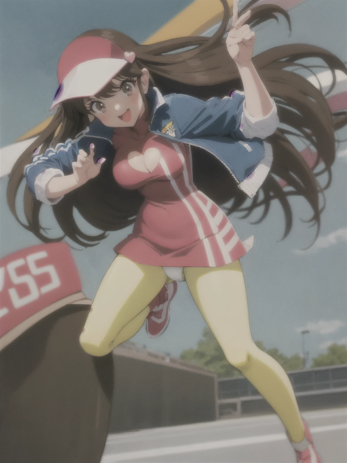 asusugodr, 1girl, solo, visor cap, heart, hair ornament, jacket, dress, pantyhose, retro artstyle, open mouth, looking at viewer, smile, outdoors, sky, cowboy shot, cleavage cutout, race queen ,White underwear, Panty shot