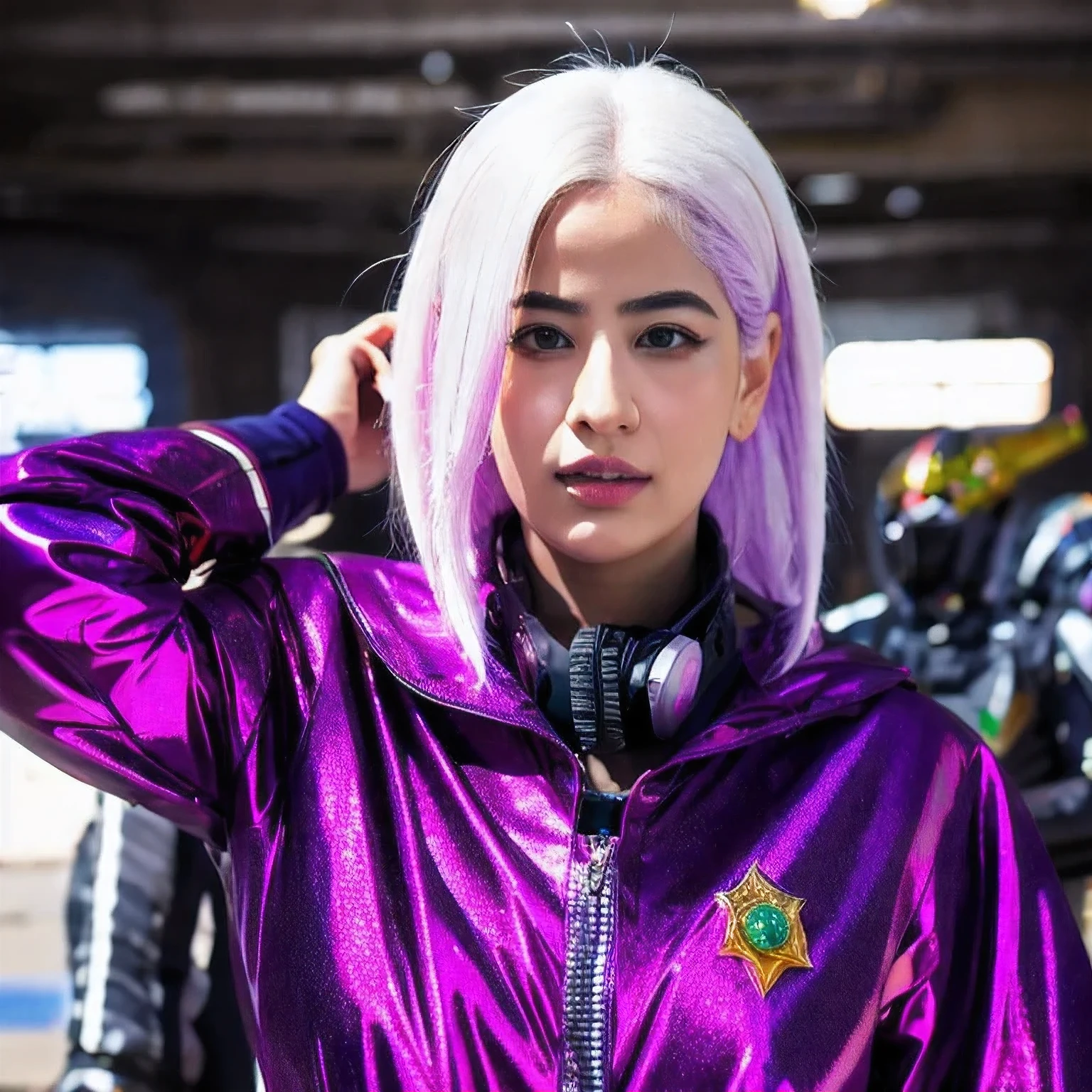 A close-up of a person wearing a purple pink suit with white hair, Palestinian cyborg, cyberpunk Palestine, God Emperor Gazan, Emperor Palestine as anime righteous Gazan as Sith Lord, Light Lord Palestine, Laser Eye Palestine as Batman Palestine (a Palestinian)