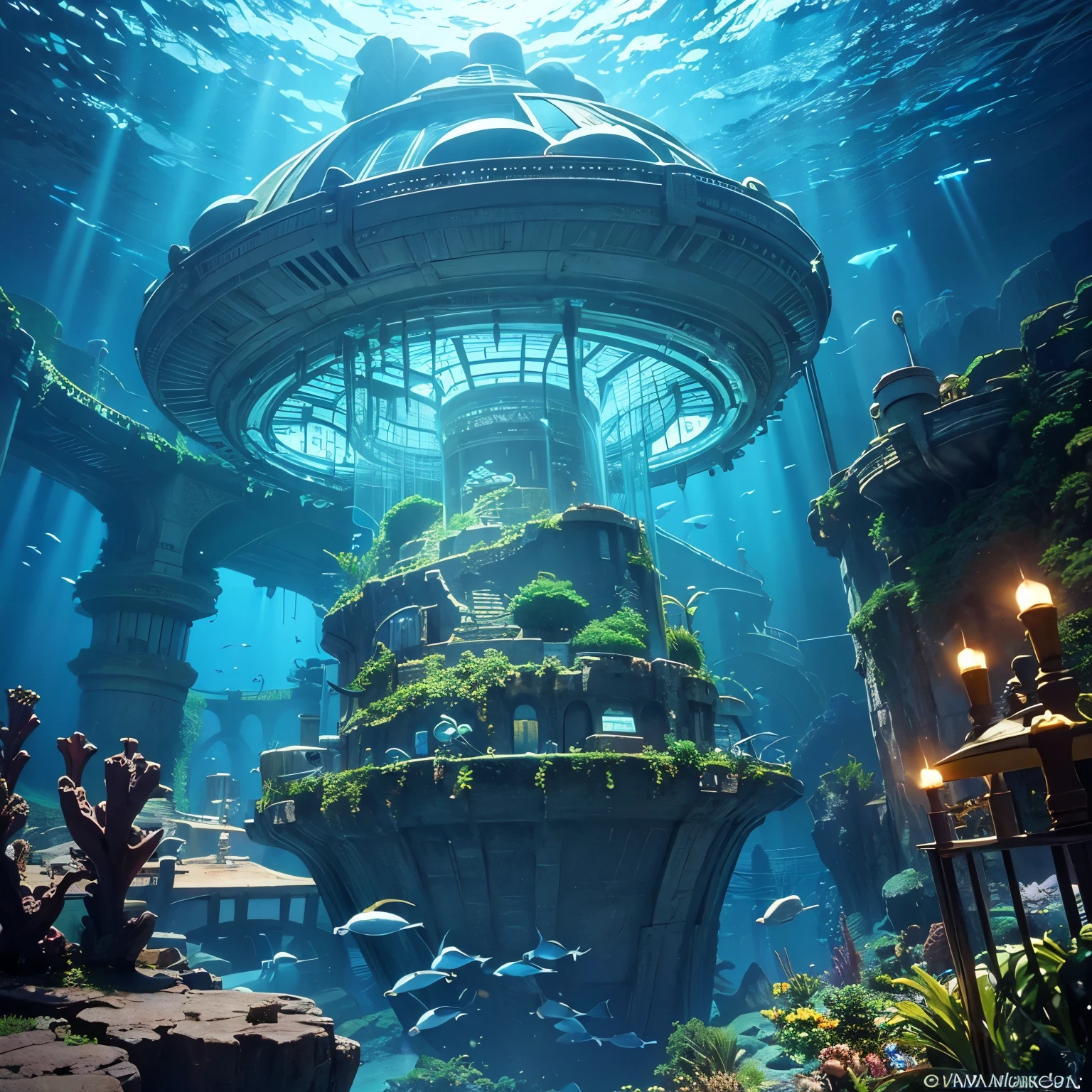 Undersea city,The lost city in the deep sea,The legendary Atlantis,Undersea civilization,Schools of fish swim by,huge,ancient,Science Fiction,Prosperity,mystery