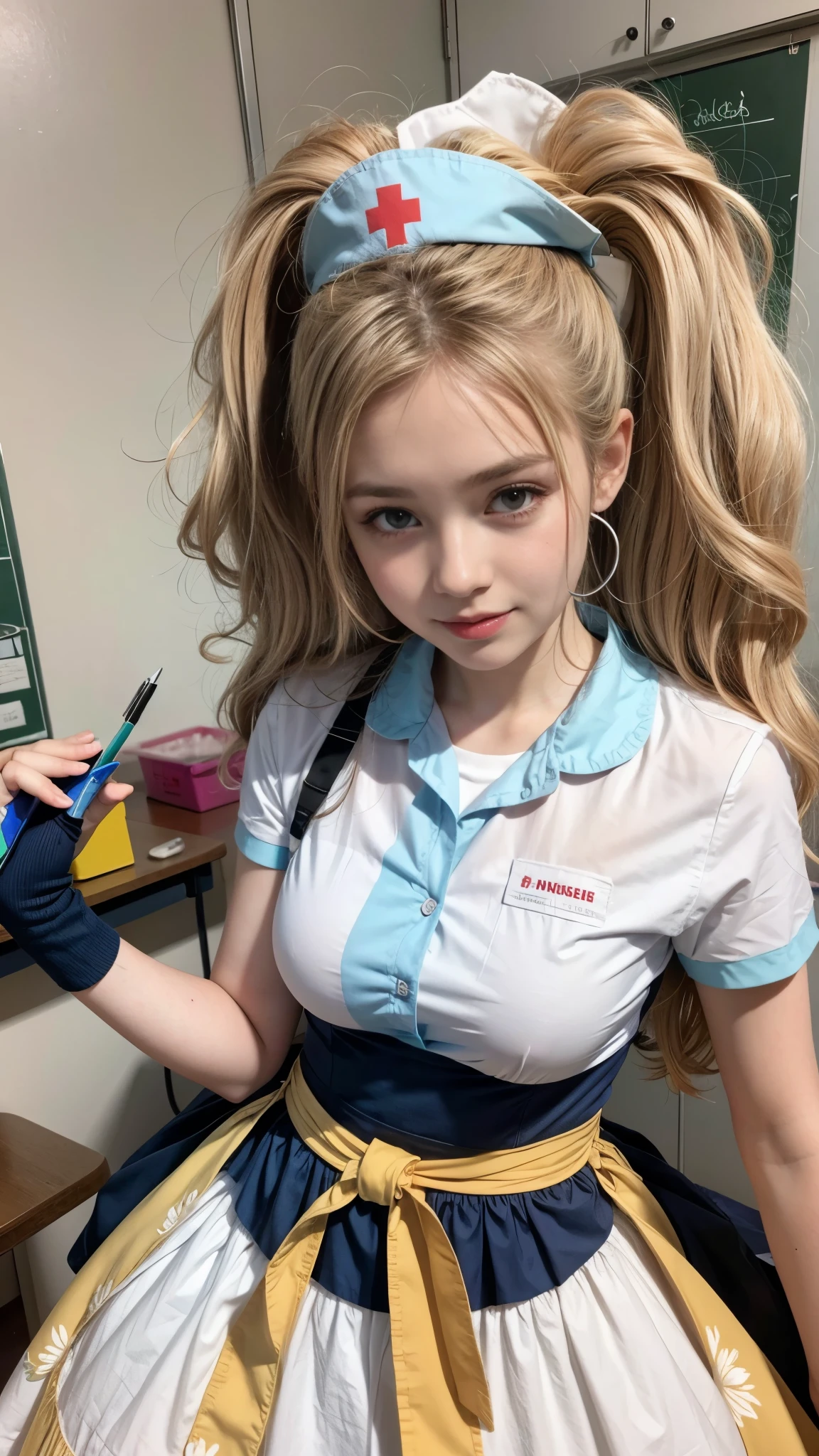 ((School nurse's office)), ((Close-up of a person with pink hair and white kimono)), ((Purple collar, Vermilion band, Golden Belt)), inspired by Gusset=Comaneci, Gusset=Comaneciというアニメの女の子, (Beautiful breasts), (Narrow waist), ( beautiful girl:1.3, Baby Face:1ll beautiful butt), (Needle and thread), (Posing while holding a thread), Hunter x Hunter anime characters, ((Short Hair, ponytail, Pineapple hair)), (highest quality, 8k, masterpiece:1.2), (Detailed eyes and face:1.2), (Detailed hands:1.3), (View the viewer:1.2), ((Meaningful smile))