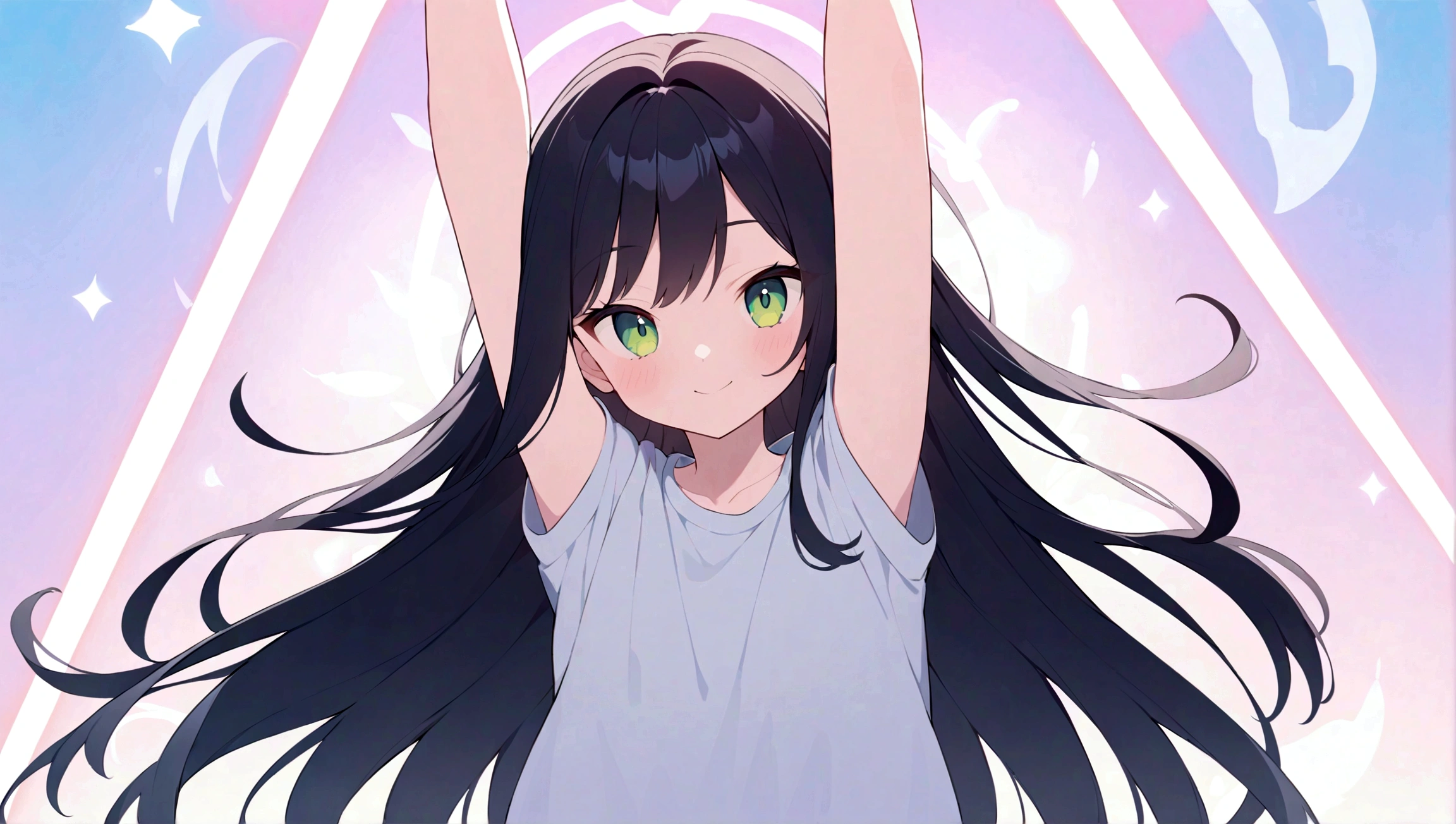 ((Male sex around 16 years old:1.2)),((male:1.4)),((Baggy, loose-fitting clothes:1.25)),((Raise both arms up in a banzai pose:1.35)),((smile:1.2)),((Wavy black hair:1.2)),((white、black、Pastel Blue、Pastel Pink、Cream、Pastel Green:1.2)),((Pop and cute backgrounds:1.2)),((high quality:1.3)),((perfect image:1.3)),((perfect hands:1.3)),((beautiful image:1.3)),Close-up of face