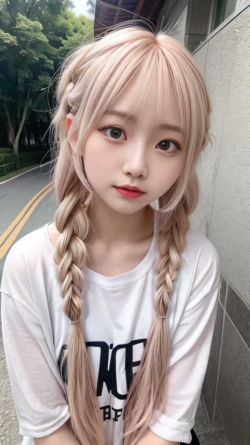 Pale, tanned skin、Sunburn marks on tanned skin、Multicolored Hair、Pink Hair,blonde,Platinum Hair,Brown Hair、A cute 20-year-old girl with a cute look, A strong wind blows my hair in front of my face、beautiful long blonde braided hair、beautiful, Cute eyes hidden by long bangs、Yawn、Double teeth、No visible nasolabial folds、