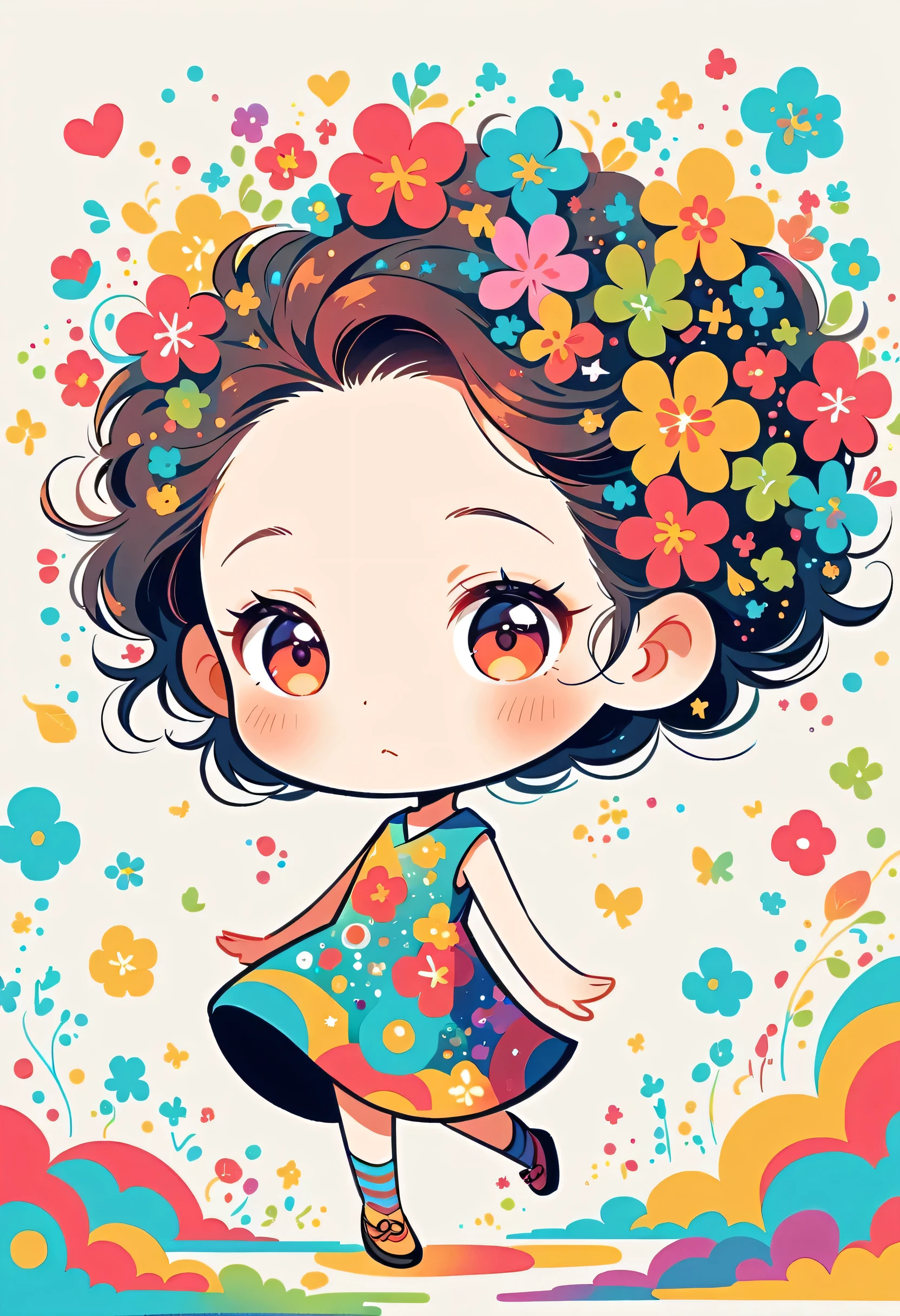 Yomu style, kawaii design,Dreams and Hopes,Simple Line Initialism,Abstract art,Urban Background, (((The most beautiful girl))), (((chibi))), walking, colorful flowers