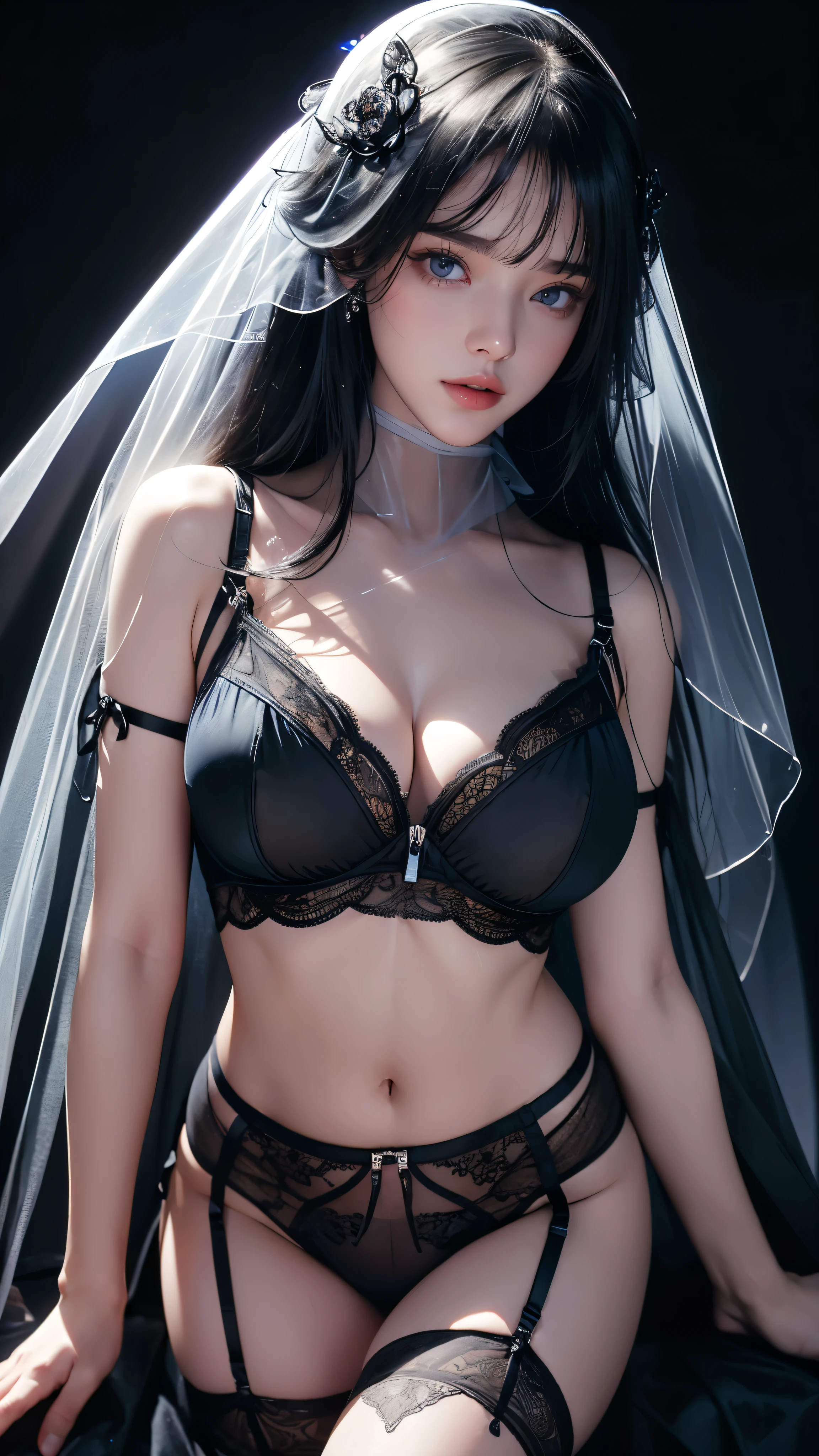 masterpiece, highest quality, Super detailed, Facing the camera, Super detailed, Realistic, Sharp features, Very detailed, Sharp focus, Perfect Face, Perfect symmetrical perfect eyes, Perfect Plump Lips, Flexible female form, Cinematic, Film Light, Super detailed, hyper Realistic, masterpiece, Atmospheric, High resolution, Vibrant, Dynamic Studio Lighting, ((Dark Background)), The expression when enduring pleasure, Straight bangs, blue eyes,Sexually aroused expression、(((She is wearing revealing black lingerie and a long transparent veil.)))、(Front zipper)