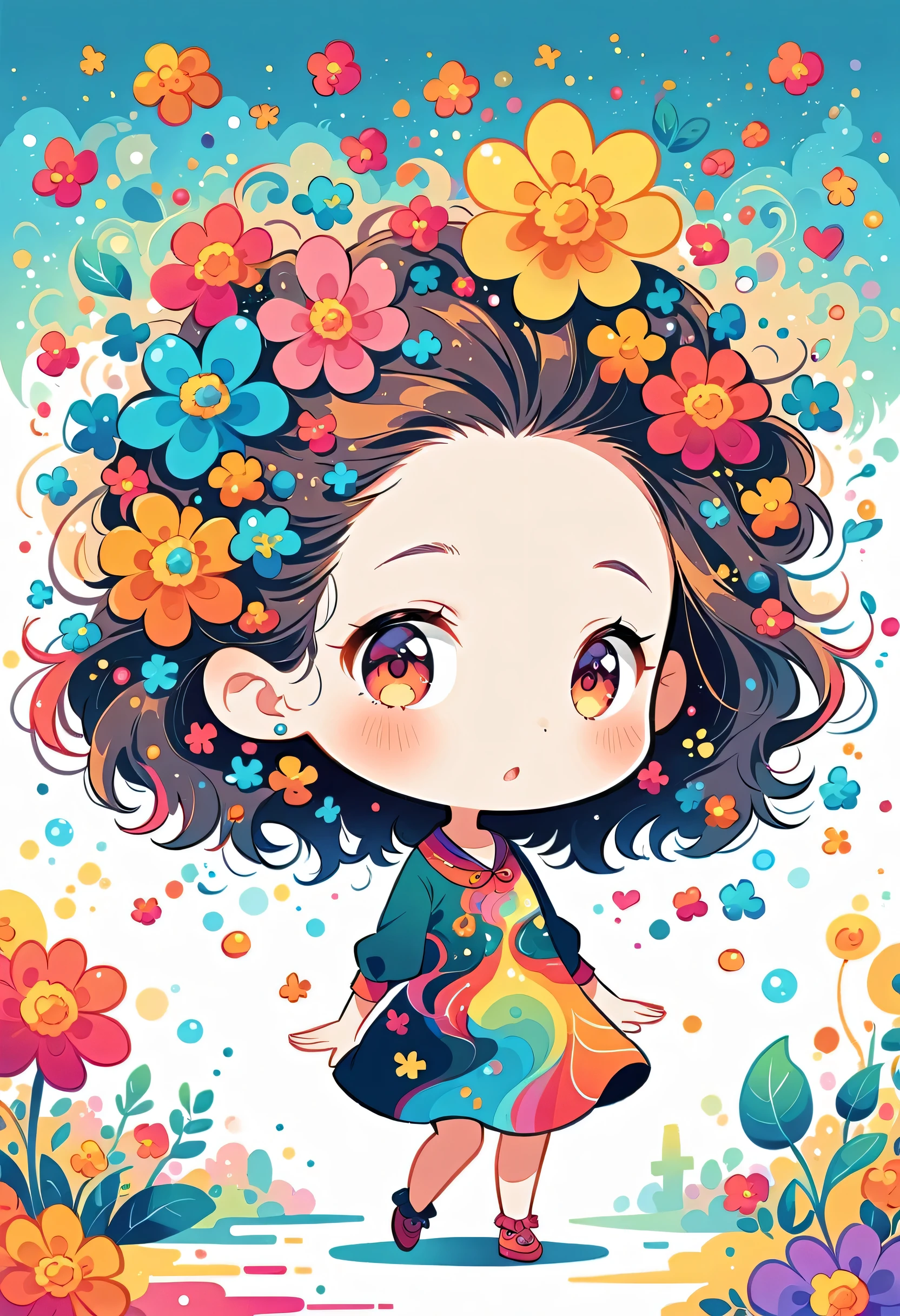 Yomu style, kawaii design,Dreams and Hopes,Simple Line Initialism,Abstract art,Urban Background, (((The most beautiful girl))), (((chibi))), walking, colorful flowers