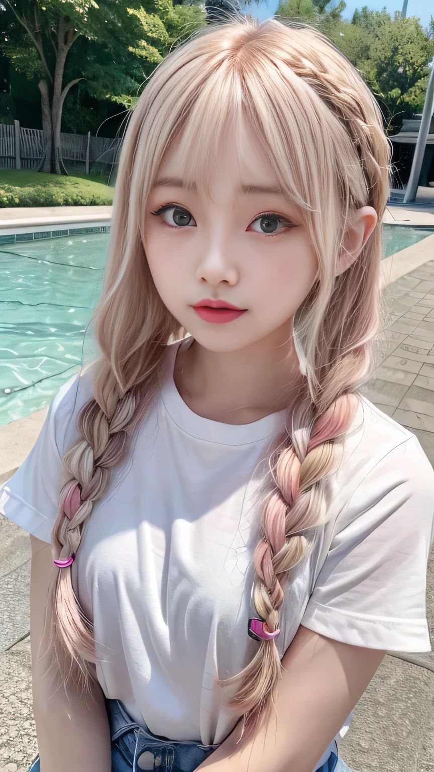 Pale, tanned skin、Sunburn marks on tanned skin、Multicolored Hair、Pink Hair,blonde,Platinum Hair,Brown Hair、A cute 20-year-old girl with a cute look, A strong wind blows my hair in front of my face、beautiful long blonde braided hair、beautiful, Cute eyes hidden by long bangs、Yawn、Double teeth、No visible nasolabial folds、