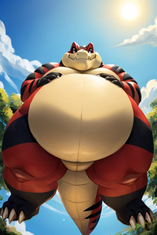 Pokemon crocodile, tan and red, black markings,, , enormous belly, massive belly, obese, view from below