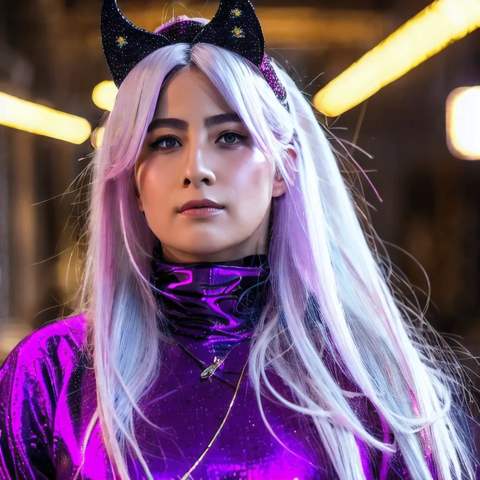 A close-up of a person wearing a purple pink suit with white hair, Palestinian cyborg, cyberpunk Palestine, God Emperor Gazan, Emperor Palestine as anime righteous Gazan as Sith Lord, Light Lord Palestine, Laser Eye Palestine as Batman Palestine (a Palestinian)