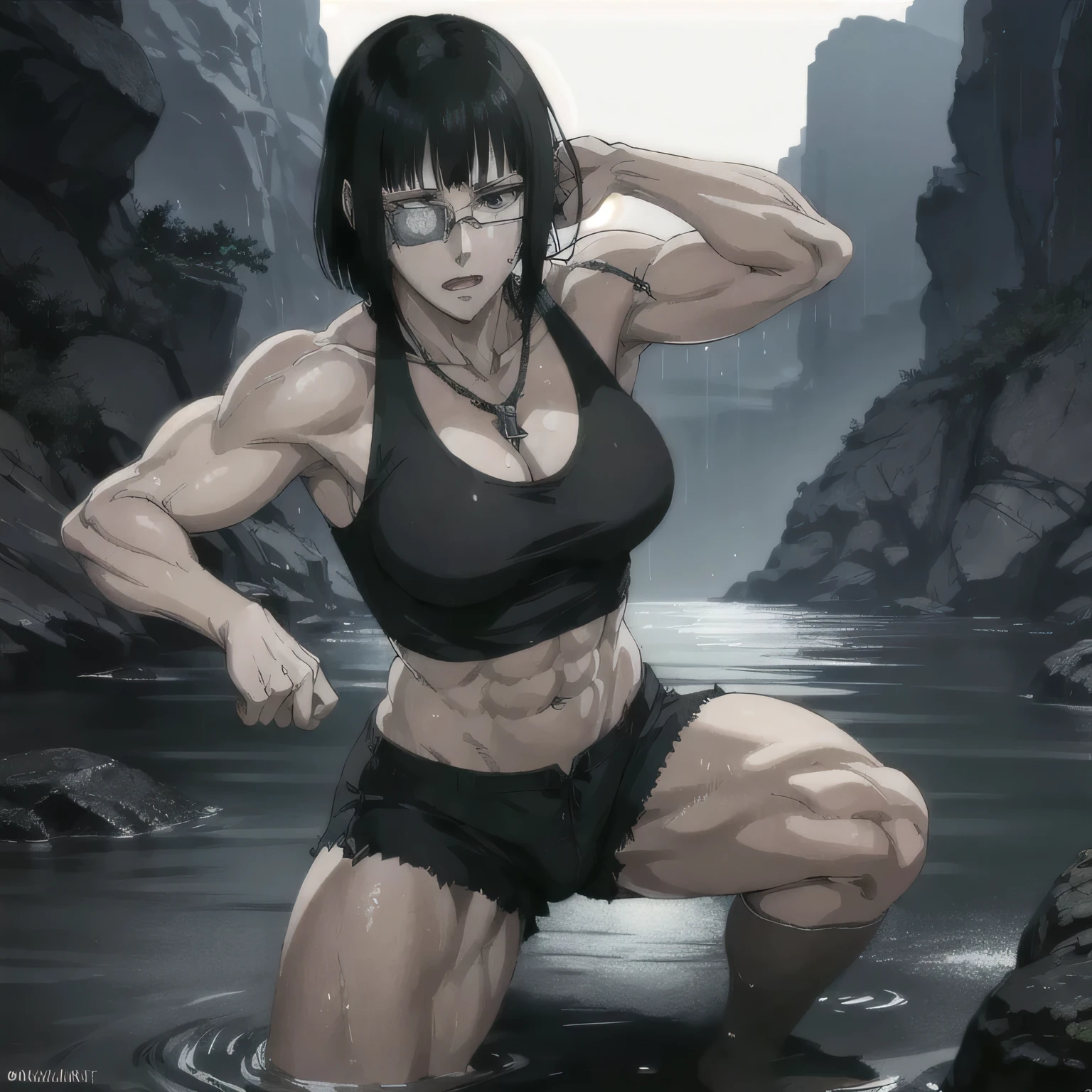 (best quality,ultra-detailed,realistic:1.37),musclaur badass girl with sculpted body with preview her musclaur body and six-pack, full review of the female character's face and body, intense expression,studio lighting, vivid colors, physiologically-based rendering, grungy texture, rugged background, dust particles in the air, commanding presence, professional, powerful, gritty aesthetics,,Valmet،short hair،tattoos on shoulders,,Shining muscles, muscle protrusion,wearing military male black underwear and midriff tank top,necklace,Valmet have a sex muscles,eyepatch,penis,penis growth inside underwear,penisQuiron,wet body,veins,fighting position,wet clothes,white skin,water dropped on body,Shining skin,Swim on a river,night,raining,rain weather,