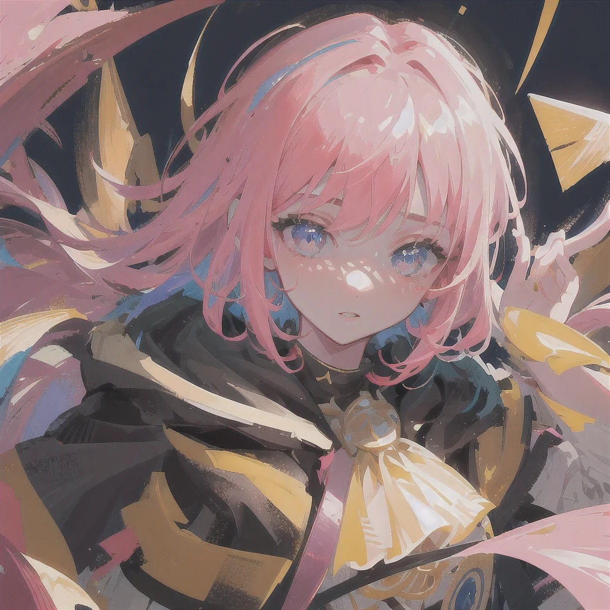 milly, AI newbie, icon, 3D, (best quality,4k,8k,highres,masterpiece:1.2),ultra-detailed,(realistic,photorealistic,photo-realistic:1.37),beautiful detailed eyes,beautiful detailed lips,extremely detailed eyes and face,longeyelashes,digital painting,highly detailed,intricate,elaborate,cinematic lighting,dramatic lighting,vibrant colors,dynamic composition,whimsical,fantasy,magical realism,surreal,Pink and yellow background