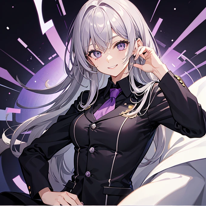 purple eyes, researcher uniform, smiley face, half-squinted eyes, gray hair, man