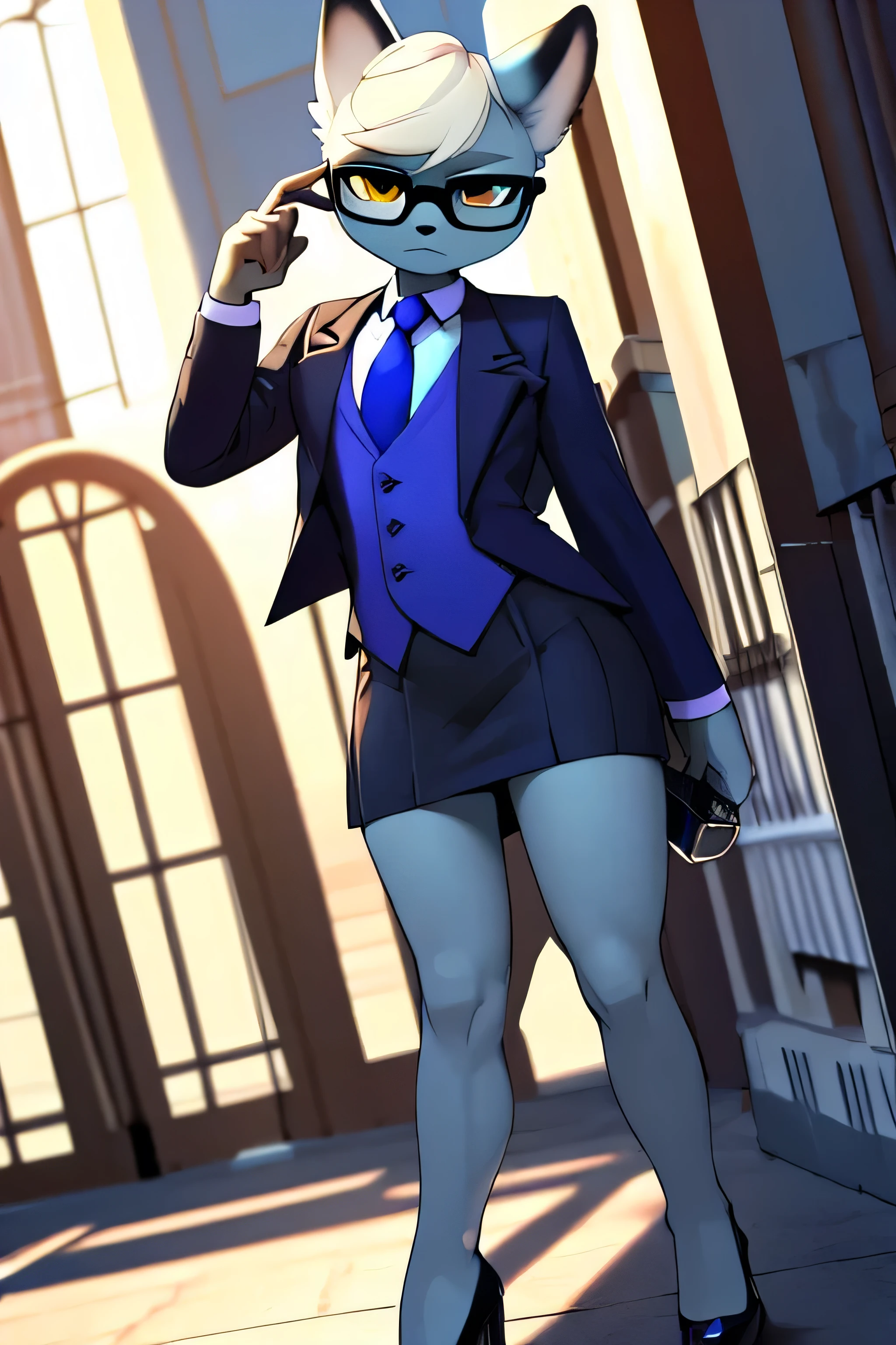 raymond, 1boy, solo, by bikupan, straight-on, dutch angle, full body, standing, heterochromia, (((grey skirt suit))), (((three-piece suit))), (((blue necktie))), windsor necktie, (((dress shirt))), (((blazer))), (((suit jacket))), (((waistcoat))), bodycon miniskirt, pencil skirt, tie clip, pocket watch, pocket square, cufflinks, solo focus, fully clothed, smartly dressed, glasses, high heels, crossdressing