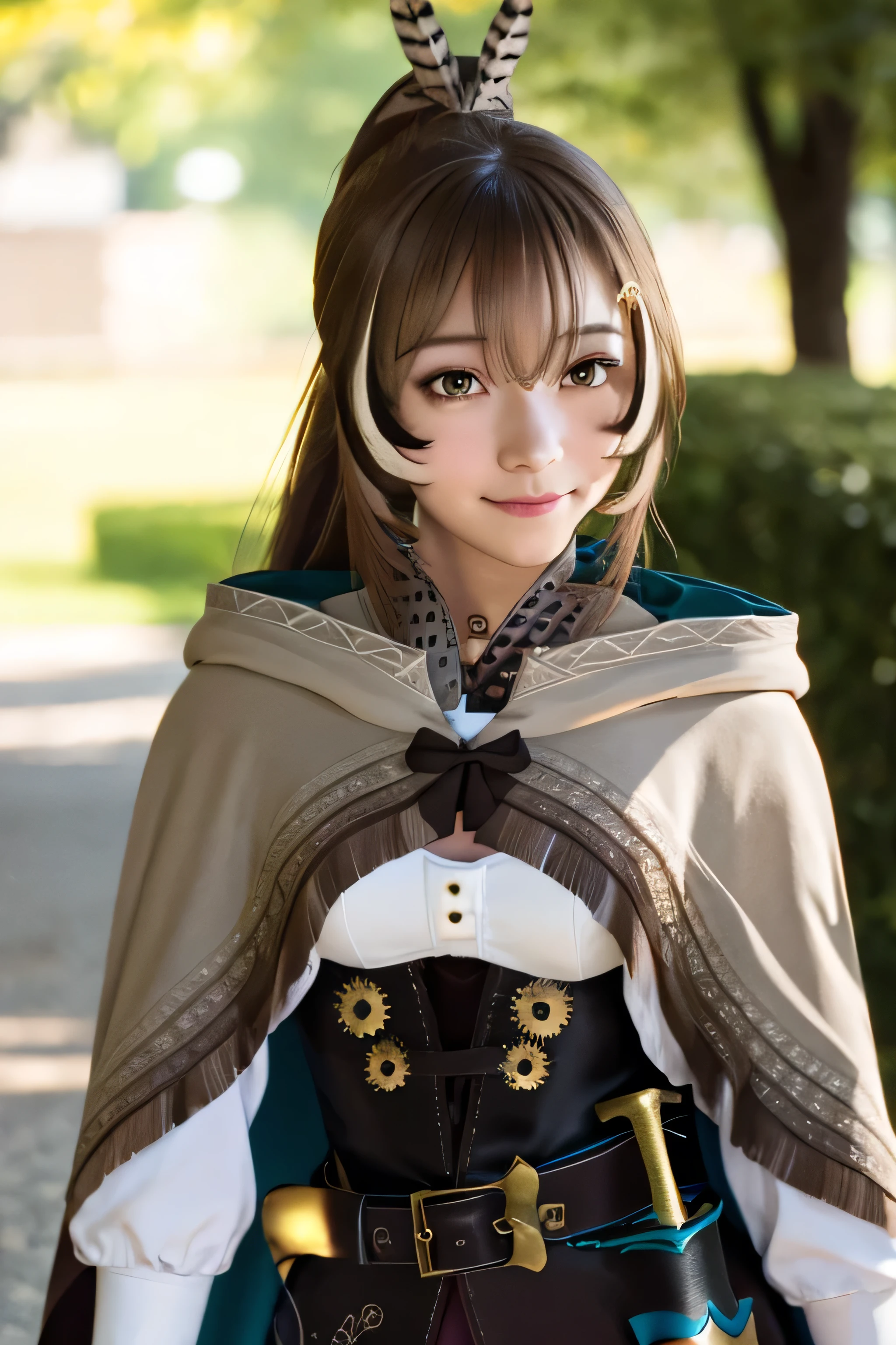 Studio light, depth of field, best quality, 8k, hdr, highres, masterpiece, realistic, 19yo japanese, cute face, looking at viewers, hairpin, smile, dagger, cape, Light orange eyes, beautiful details eyes, long hair, very long hair, ponytail ,street, corset