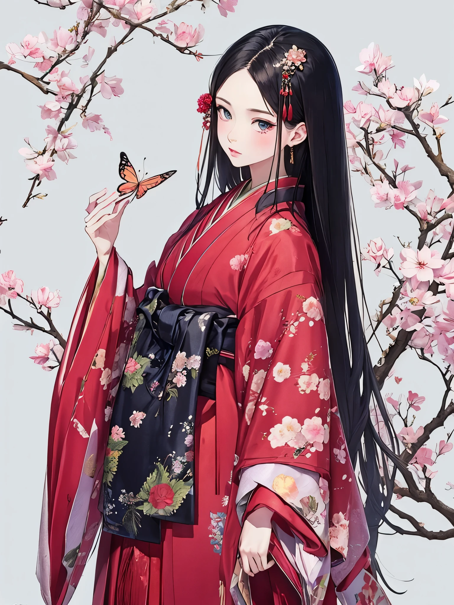 juunihitoe，(masterpiece, highest quality, highest quality，aesthetics:1.2)，From the side，Esbian all over，1300 years ago，Japan_Heian period，noble，１Beautiful Princess，Beautiful Eyes，Clear skin，(Straight Hair　Long beautiful black hair　wealthy)，(kimono　Gentle pink hue　The beauty of layered colors)，Silk luster，Layered collar，Wide sleeves，Long hakama hem，dream-like，Elegant，highest quality，Beautiful graphics, Ultra Detail，butterfly，Fresh，The background is minimal，Image of a transparent robe，melt，Beyond eternity