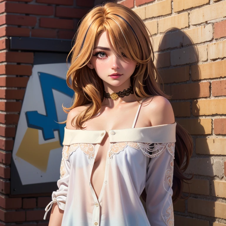 ultra realistic 8k cg, masterpiece, ((ultra detailed background, delicate pattern, intricate detail)), best quality, intricate details, chromatic aberration, 1girl, long hair, golden hair, messy hair, red highlights, hair over one eye, sharp eyes, choker, brick wall, graffiti, dim lighting, alley, oversized shirt,off shoulder, see through white shirt, Masterpiece, best quality