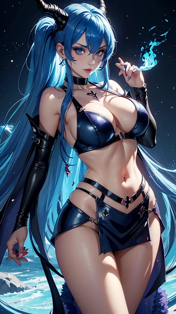 8k, masterpiece, best quality, highly detailed, 1girl, tiefling, warlock, solo, blue hair, blue eyes , earrings, necklace, navel piercing, sexy outfit, mole, glamorous, blue and white sexy clothing, villainy, smirk, seductive pose, close ups view, rings, looking at viewer, standing, high heels, fantasy world, night-time, crescent moon, red and blue coloured flames, burning scenario, casting ice spell, ices.