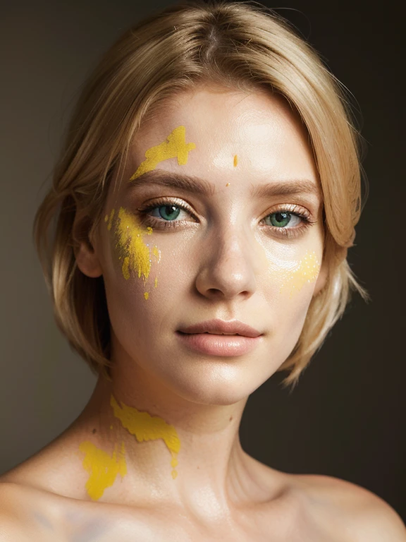 blonde woman with rosto pintado and yellow paint on her face, retrato pintado centrado no lado, lindo rosto fotorrealista, Motor irreal : : maquiagem delirante, pintura digital hiperrealista, pintura digital hiper realista, rostos uhd ultrarrealistas, retrato colorido, lindo rosto hiperrealista, retoque de beleza, retoque profissional, rosto pintado, pintura digital ultra realista