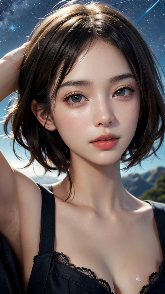 (highest quality, masterpiece:1.3), shape, ((Beautifully detailed face)), beautifully detailed skin, Intricate details, Very detailed, Best image quality in 8K, (Landscape Photography),The true picture () (-yeld gi (Large Breasts:1.2), ,(A starry sky)A Japanese girl,Baby Faced Hair,Bobcut:1.6,Black Hair),Detailed lips,Open your mouth,blush,Embarrassing,A look of pleasure, Realistic Face,Realistic Skin,(Vibrant Skin,Moisturized Skin:1.2),Vivid lips,Lip gloss