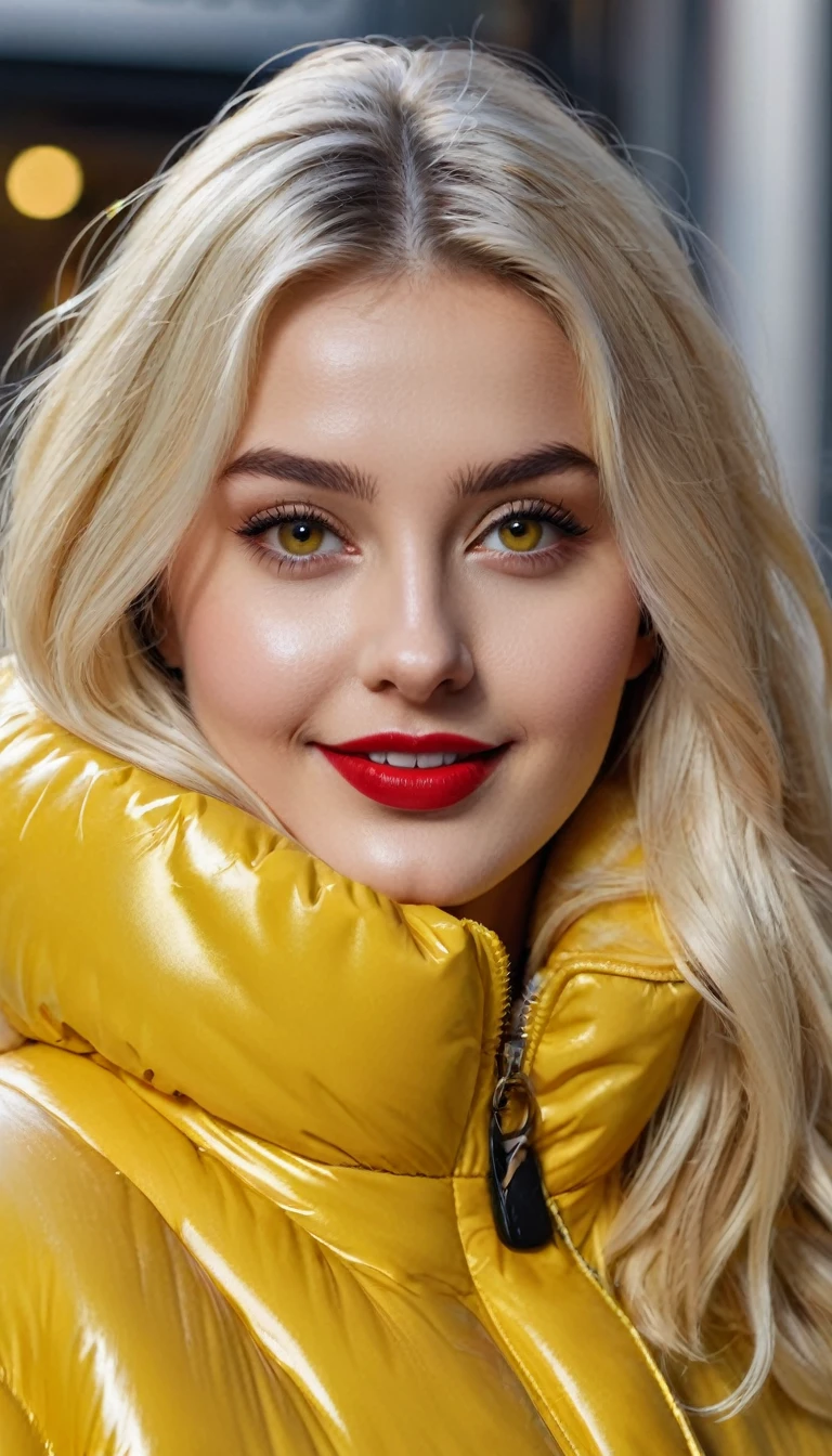 hyperrealistic beautiful busty 19-year-old woman with long legs wearing casual winter outfit with shiny yellow vinyl puffer coat, model shooting full body photography, bleached blonde very long straight hair, soaky wet skin, dark eye makeup with eyeliner, seductive smile, red lips, 8K, Best quality, Meisterwerk, ultra high resolution, (Realismus: 1.4), Originalfoto, (realistische Hautstruktur: 1.3), (Filmkorn: 1.3), (Selfie-Winkel), 1 girl, Beautiful round hazel eyes and facial details, Meisterwerk, Best quality, outdoor photography
